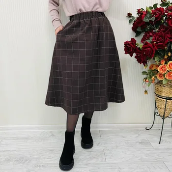 HOUZHOU Ekose Uzun Etek Kadın Vintage Japon Moda Rahat Yüksek Bel Gevşek Kahverengi Siyah A-line Midi Etek Okul Kız Sonbahar