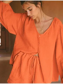 Moda Uzun Kollu Gömlek Şort 2 Parça Set Rahat V Yaka Üst Geniş Bacak Şort Takım Elbise Kadın İpli Tatil Şort Kıyafetler