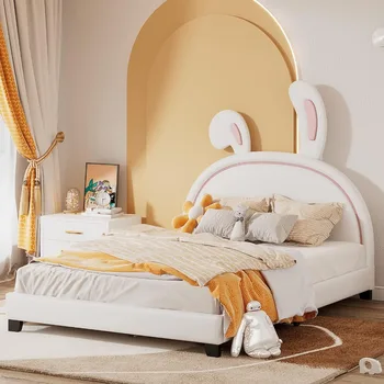 Sevimli e n e n e n e n e n e n e n e n e n e Tavşan Şekli Döşemeli Prenses Yatak, PU platform yatağı Çerçeve Çıtalı Standı, çocuk Yatak Odası, Beyaz