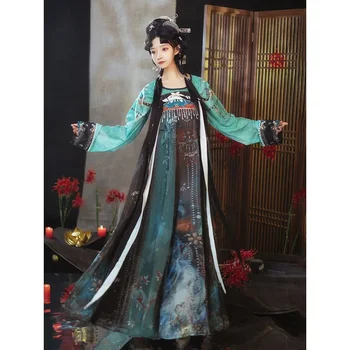 JuYu Çin Tarzı Yeşil Hanfu Elbise Kadınlar İçin Tang Hanedanı Yuvarlak Boyun Saçaklı Hanfu Peri üst giysi Seti Antik Kostüm