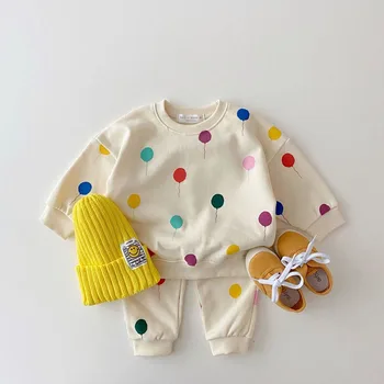 Yenidoğan Bahar Sonbahar Giyim Bebek Tam Çocuk Erkek Balon Baskı Çocuk Kız Uzun Kollu Pantolon İki Parçalı Set