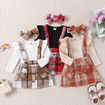 Moda Sonbahar Yürüyor Çocuk Bebek Kız giyim setleri Nervürlü Örme Ruffles Uzun Kollu Bodysuits + Ekose Askı Düğme Elbise