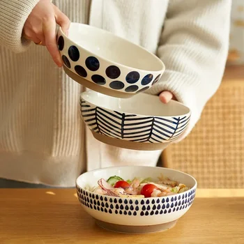 8 inç Seramik Büyük Ramen Kase Kırmızı Mavi Nokta Çorba salata kasesi Porselen Japon erişte kasesi Yemek Takımı