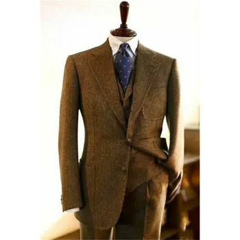 Zarif Balıksırtı Erkek Takım Elbise Moda Çentik Yaka Tek Göğüslü 3 Parça Akıllı Rahat Resmi Düğün Smokin (Blazer + Yelek + Pantolon)