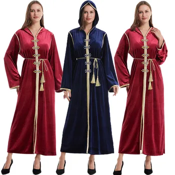 Elmas Maxi Elbise Kadınlar Müslüman Kapşonlu Uzun Kollu Elbiseler Yeni 2024 Rahat Gevşek Elbise Dubai Abaya Türkiye Kıyafeti Moroocan Kaftan