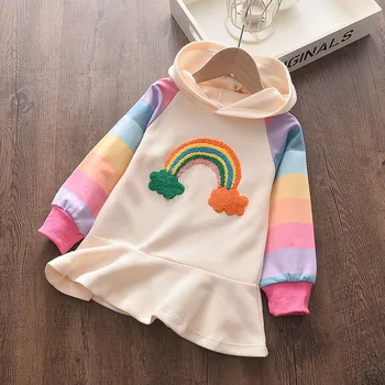 Moda Sonbahar Bebek Kız Hoodies Bej Gökkuşağı Baskı Renkli Kollu Elbiseler Kazak Gömlek Casual Çocuk Yıpratır