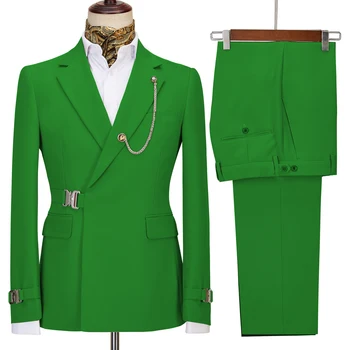 Erkek Zarif Takım Elbise 2 Adet Moda Metal Toka Ceket Butik İş günlük giysi Ceket Damat düğün elbisesi (Blazers + Pantolon)