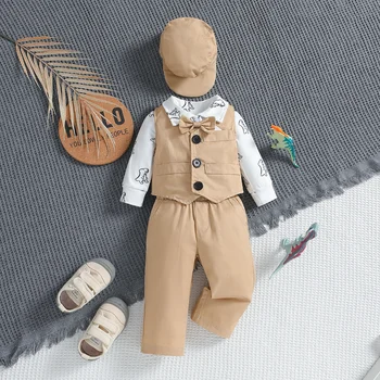 Bebek Erkek Beyefendi Takım Elbise Elbise Romper pantolon seti Kıyafetler Gömlek Papyon + Yelek + Pantolon + Şapka Bebek Giysileri Dört parçalı Set
