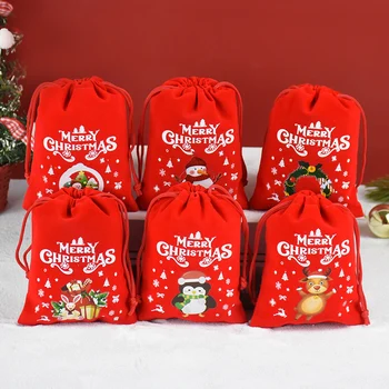 Merry Christmas Hediye Çantası Kırmızı Kadife Karikatür Şeker Çantası İpli Meyve Çantası Hediye İpli Torbalar Bilezik Takı Ambalaj
