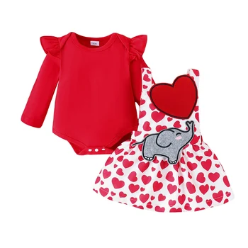 Bebek Kız Sevgililer Günü Kıyafeti Uzun Kollu Romper Fil Kalp Askı Genel Etek Seti