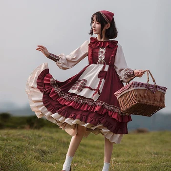 Kawaii Lolita Tam Set Lolita Sonbahar / kış Lolita Pelerin Kadın Vintage Kırmızı Set Prenses Girly Cosplay OP Elbise