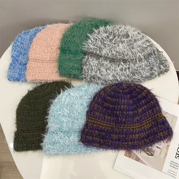 Kore Tasarımcı Kişilik Tığ Peluş Yün Şapka Bayanlar Sonbahar Kış Sıcak Serin Karışık Salata Saç Soğuk Şapka Bere Bonet