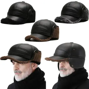 Casquette Yaşlı Adam termal şapka Sonbahar Kış Şapka Kalınlaşmak Sıcak Kulak İsıtıcı Sıcak Deri Şapka kulak koruyucu PU Şapka Baba Büyükbaba