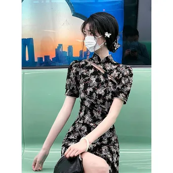 Yeni Siyah Çiçek Çin Geleneksel Cheongsam Geliştirilmiş Kadın Elbiseler Kadın Vintage Kısa Elbise Genç Kız Yaz Qipao
