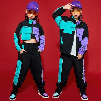 Çocuklar hip hop giysileri Kızlar İçin Kısa Ceket Kazak Göbek Üstleri Rahat Pantolon Sokak Dansı Hip Hop Kostümleri Caz Rave Giyim