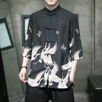 Vintage Çin Tarzı Tang Takım Elbise erkek gömleği Ceket 2023 Sinicism erkek Vinç Baskılı Standı Yaka Arama Toka Gevşek Ceket Gömlek