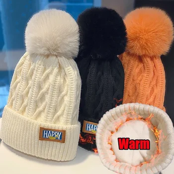 Yeni Kadın Kış Kalın bere şapkalar Kürk Pom Topu Örme Kap Kız Sonbahar Bere Şapka Polar astarlı ısıtıcı Kaput Rahat Kapaklar