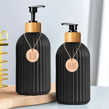 Sabunluk Banyo Mutfak Dağıtıcı Şişeleri Eller Doldurulabilir Bambu Sıvı Losyon Siyah Etiketleri