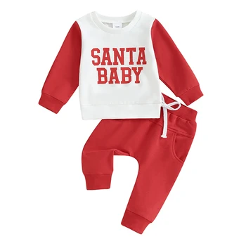 Toddler Bebek Kız Erkek noel kıyafeti Santa Uzun Kollu Kazak Üst koşucu pantolonu Seti Sevimli 2 Adet Güz Giysi