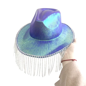 Uzay Cowgirl Şapkalar Holografik Rave İnek Kız Şapka Rhinestones Saçak Yetişkin Boyutu kovboy şapkası Parti için 5 Renkler Dropshipping