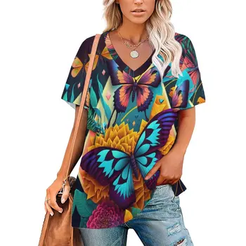 Moda kadın Tee T Shirt Kadın Geometri Kelebek Baskı Yaz Klasik Giyim Kısa Kollu Gömlek Üst