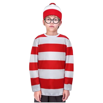 Wally Kostüm Çocuklar için Beyaz Kırmızı Şerit Gömlek Şapka Gözlük Tam Set Cadılar Bayramı Noel Partisi Kıyafetleri