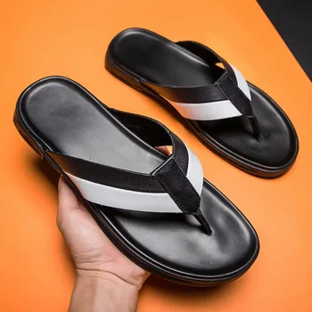 Trend Erkek Flip-flop Deri Terlik Rahat Plaj Yaz Ayakkabı Erkek Düz Kaymaz Rahat Klasik Siyah Slaytlar Artı Boyutu