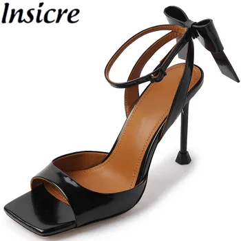 Insicre Patent Deri 2023 Yeni Yaz Ayakkabı Kare Ayak Kelebek Düğüm İnce Yüksek Topuk kadın Sandalet Siyah Toka