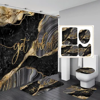 Siyah Altın Mermer Duş perde seti Banyo Paspasları Kilim Çatlak Mürekkep Doku Lüks Soyut Dekoratif Taş Baskı Banyo Perdeleri