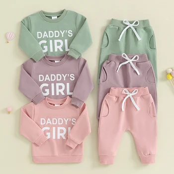 2 Adet Toddler Kız Bahar Sonbahar Giyim Setleri Uzun Kollu Mektup Baskı Kazak Tops Katı Renk Elastik Pantolon Setleri