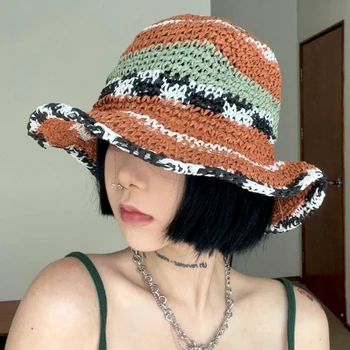 Kore hasır kova şapka Edebi Zıt Renkler Japon Güneşlik güneşlikli kep Sahil Tatil Güneşlik kadın Şapka Mujer