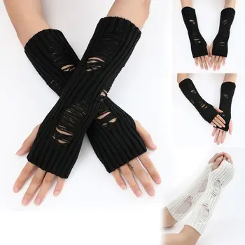 Kol ısıtıcıları uzun bilek eldiven yaratıcı Hollow-out Ripped elastik örme eldiven Punk Parmaksız orta uzunlukta eldiven sonbahar kış