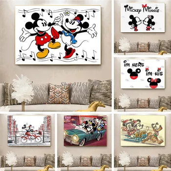 Tuval Boyama Disney Anime Mickey Minnie Mouse Çift Posterler ve Baskılar Sticker Duvar Sanatı Resimleri ıçin Oturma Odası Ev Dekor