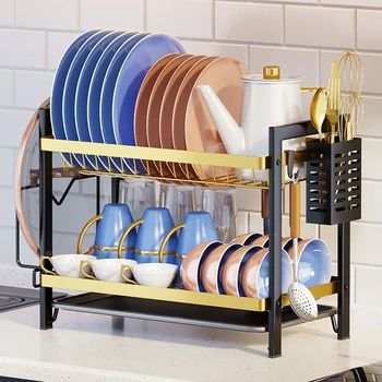 2 Katmanlı Bulaşık Kurutma Makinesi Rafı Kaymaz Metal Drenaj Rafı Drenaj Tahtası ve mutfak eşyası tutucu kesme tahtası tutucusu Mutfak Sayacı için