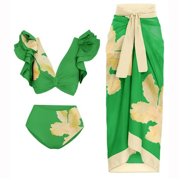 Vintage Mayo derin V Ruffled Çiçek Baskı bikini seti Tek parça Mayo Etek Kadın Yüzme Lacing Up Beachwear