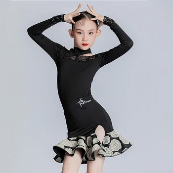 Yeni Çocuk Latin Dans Elbise Kızlar İçin Siyah Dantel Uzun Kollu Rekabet Elbise Balo Salonu Dans Elbise Performans Kıyafet BL9613