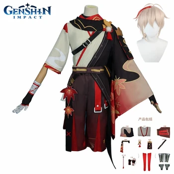 Genshin Darbe Kaedehara Kazuha Cosplay Kostüm Cadılar Bayramı Karnaval Samurai Kostüm Peruk Kırmızı Gözlük