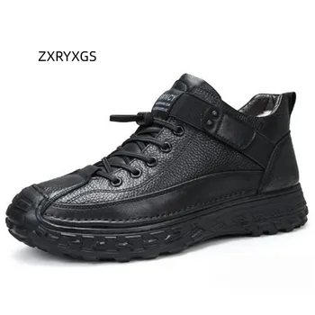 ZXRYXGS Kış Üst Katman İnek Derisi Çizmeler siyah ayakkabı Yün Sıcak Kar Botları Düz 2024 Popüler erkek Botları Mizaç moda ayakkabılar