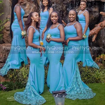 Şeffaf Dantel gelinlik modelleri Mermaid Uzun Spagetti Sapanlar Kolsuz Gök Mavisi Kılıf Parti Elbise Düğün Konuk Kadınlar İçin