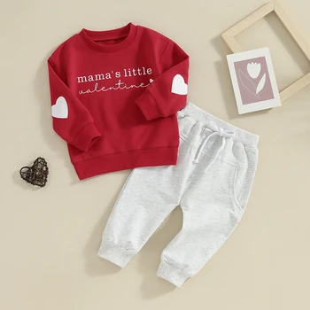 Erkek bebek Sevgililer Günü Kıyafetler Mektup Baskı Uzun Kollu Kazak ve Elastik Pantolon Yürümeye Başlayan Sonbahar Giysileri