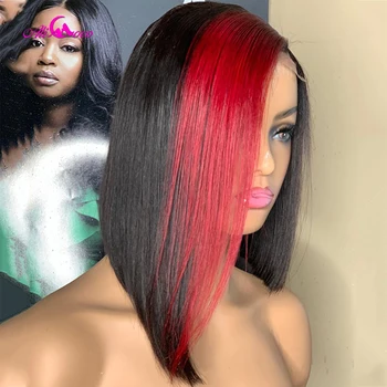 Siyah Kırmızı 180 Yoğunluk Brezilyalı Düz Bob peruk insan saçı Peruk 13x4 Şeffaf Dantel Ön Peruk Kadınlar İçin Ön Koparıp