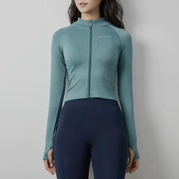 Kadın Sonbahar Kış Yeni yoga ceketi Standı Yaka Ince Yüksek Elastik Fermuar Nefes Uzun Kollu Pilatus Üst Gömlek koşu giysisi