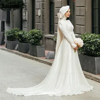 Müslüman 2024 Yeni Basit Fildişi A-line Gelinlik Saten Kurdele Dökümlü Plise Fırça Tren Gelin Kıyafeti Kat Uzunluk robe de mariée
