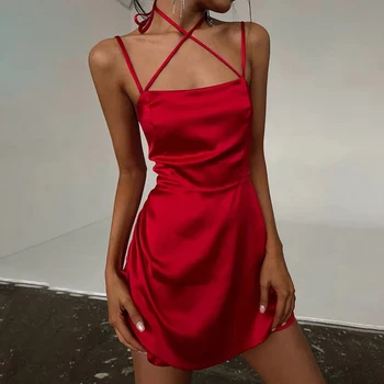 Rimocy kadın Saten Kırmızı Mini Elbise 2023 Yaz Halter Spagetti Kayışı Elbiseler Kadınlar için Seksi Backless Gece Kulübü Parti Elbise