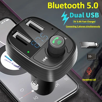 Araba Bluetooth 5.0 FM Verici Çift USB Hızlı Şarj U Disk TF Kart MP3 Çalar Bluetooth Mikrofon Handsfree Araç FM Modülatör