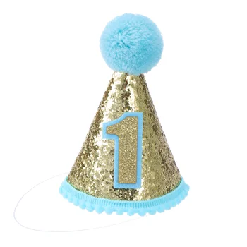 1 Adet doğum günü şapkası, İlk Doğum Günü Koni Şapka Mavi Pom Pom Parti Şapka Erkek Kız Doğum Günü Tiara Ayarlanabilir Kafa Bantları fotoğraf kabini