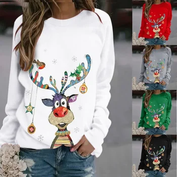 Yeni kadın Örme Rudolph Ren Geyiği Baskılı Uzun kollu Kazak Noel Yuvarlak Boyun Rahat Gevşek Üst T-shirt Kazak