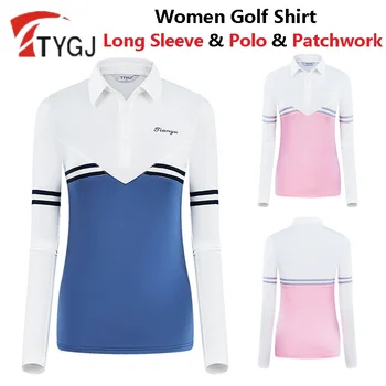 TTYGJ Kadın Golf Gömlek Bayanlar Patchwork uzun Kollu tişört Kore Tarzı Şerit Polo Üstleri Elastik İnce Casual Bluz Golf Giyim