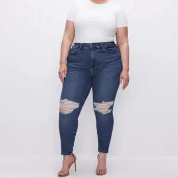 Bayan Yumuşak Kot Yüksek Bel Yırtık Patchwork kadın Kot Karın Kontrol Popo kaldırma Slim Fit Yumuşak Streetwear Ayak Bileği Uzunluğu Pantolon