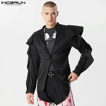 Erkekler Düzensiz Blazer Katı Fırfır Yaka Uzun Kollu Bir Düğme Blazer Streetwear 2023 Moda Rahat Erkek Mont INCERUN S-5XL